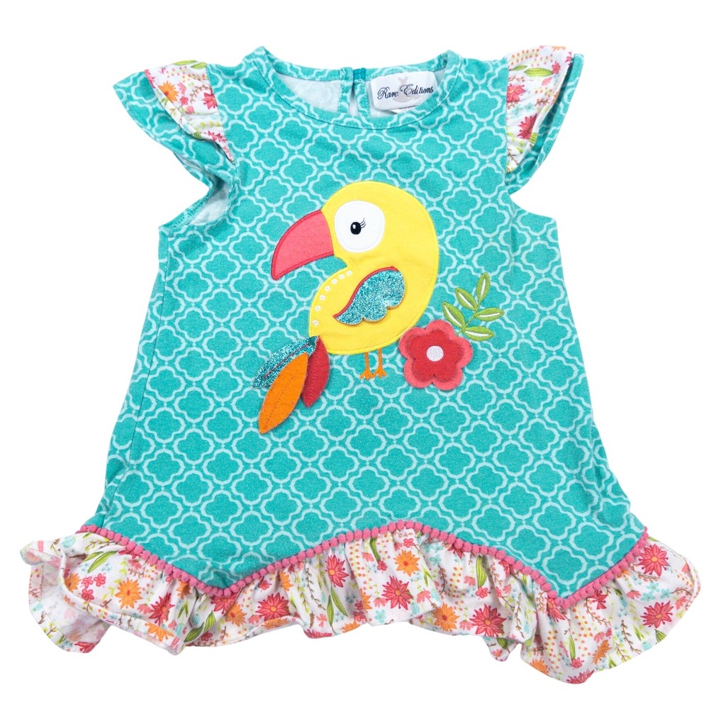 Rare Editions Girls Dress Size 4T Turquoise Parrot Applique Ruffle Floral